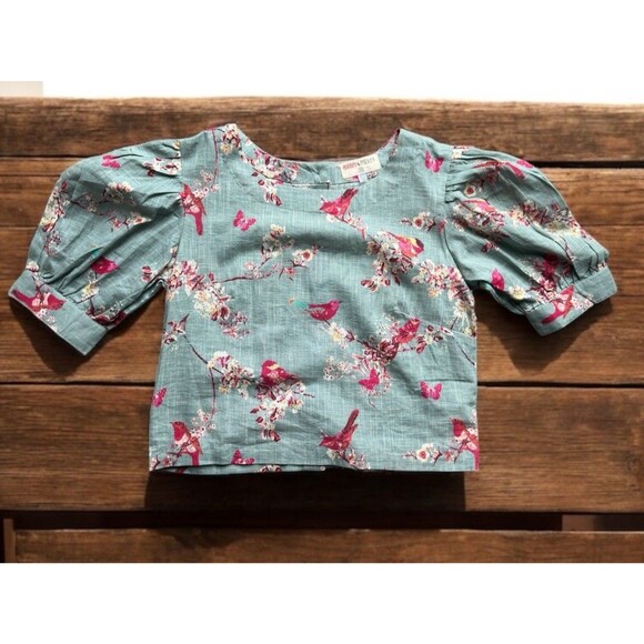Bombay Paisley XS Linen Crop Top Bird Print Puff Sleeve Blouse Fairy Garden - Picture 1 of 16